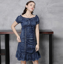 画像をギャラリービューアに読み込む, デニム マーメイド パフスリーブ ギャザーワンピース
