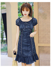 画像をギャラリービューアに読み込む, デニム マーメイド パフスリーブ ギャザーワンピース
