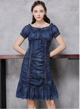 画像をギャラリービューアに読み込む, デニム マーメイド パフスリーブ ギャザーワンピース
