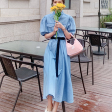 画像をギャラリービューアに読み込む, ベルト付き パフスリーブ ライトデニムワンピース