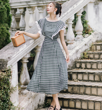 画像をギャラリービューアに読み込む, フリルスリーブ ダークグリーンチェックワンピース