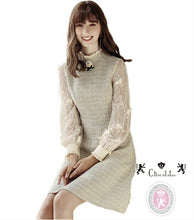 画像をギャラリービューアに読み込む, ツイード袖レースブローチ付きワンピース