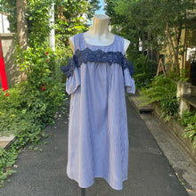 画像をギャラリービューアに読み込む, ネイビー オフショルレース ギンガムチェック ワンピース