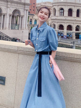 画像をギャラリービューアに読み込む, ベルト付き パフスリーブ ライトデニムワンピース