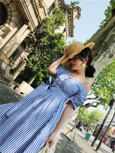 画像をギャラリービューアに読み込む, ブルーストライプ オフショルダー ワンピース