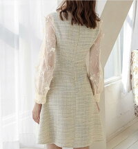 画像をギャラリービューアに読み込む, ツイード袖レースブローチ付きワンピース