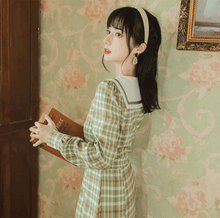 画像をギャラリービューアに読み込む, セーラーカラー グリーンチェックワンピース
